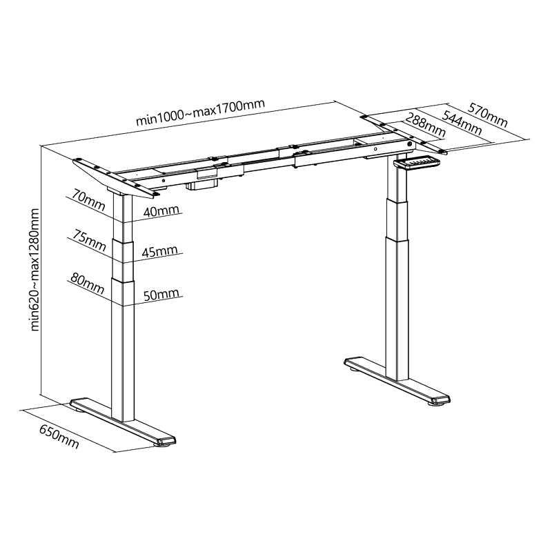 Pied de bureau réglable électriquement, pieds télescopiques triples, 2 moteurs, noir 
