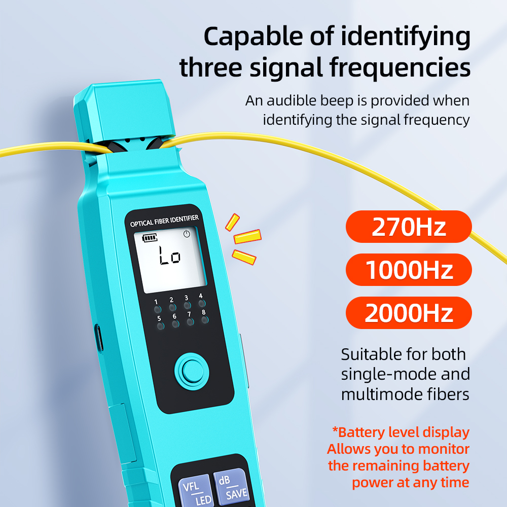 Identificateur de fibre optique en direct pour câble 0.25/0.9/2.0/3.0mm avec câble à fibre optique 10mw VFL et LED RJ45 850nm-1650nm SM et MM 