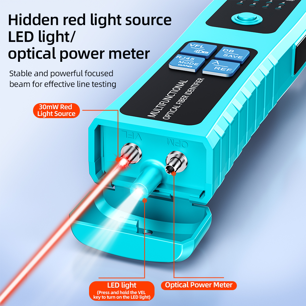 Identificateur de fibre optique en direct pour câble 0.25/0.9/2.0/3.0mm avec câble à fibre optique 10mw VFL et LED RJ45 850nm-1650nm SM et MM 