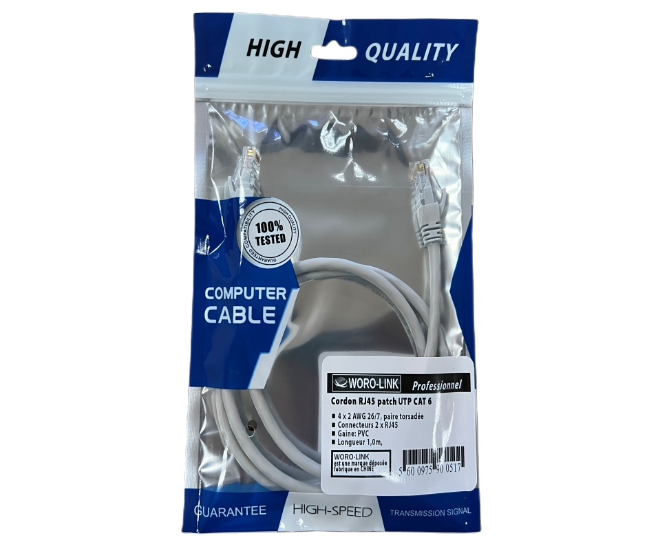  Cordon non blinde RJ45 CAT.6 UTP   1,00m  