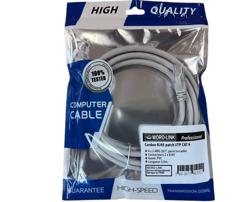  Cordon non blinde RJ45 CAT.6 UTP   3,00m  