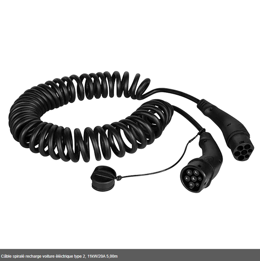 [1840093] Câble spiralé recharge voiture éléctrique type 2, 11kW/20A 5,00m